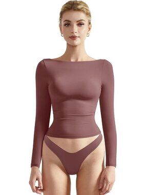 Women's Marsala Crew Neck Long Sleeve Crop Top Double Lined Fitted Shirt